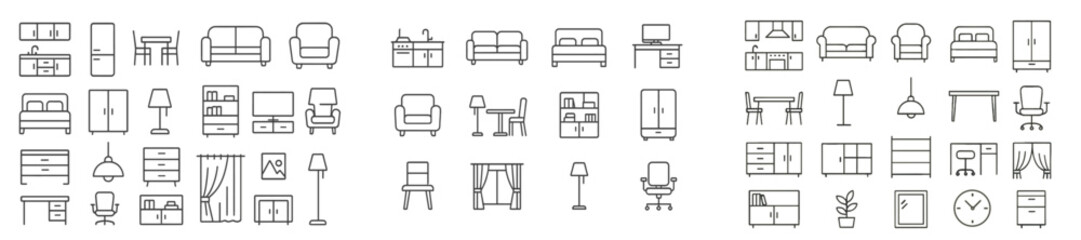 Collection of line style web icons representing various furniture items for home and office use