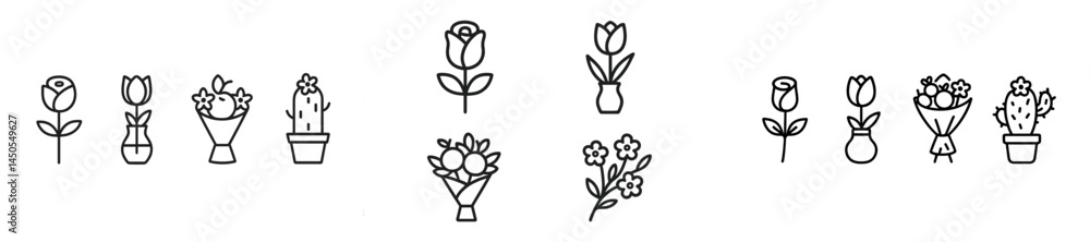 Poster Set of web icons featuring floral designs in line style for digital projects and applications