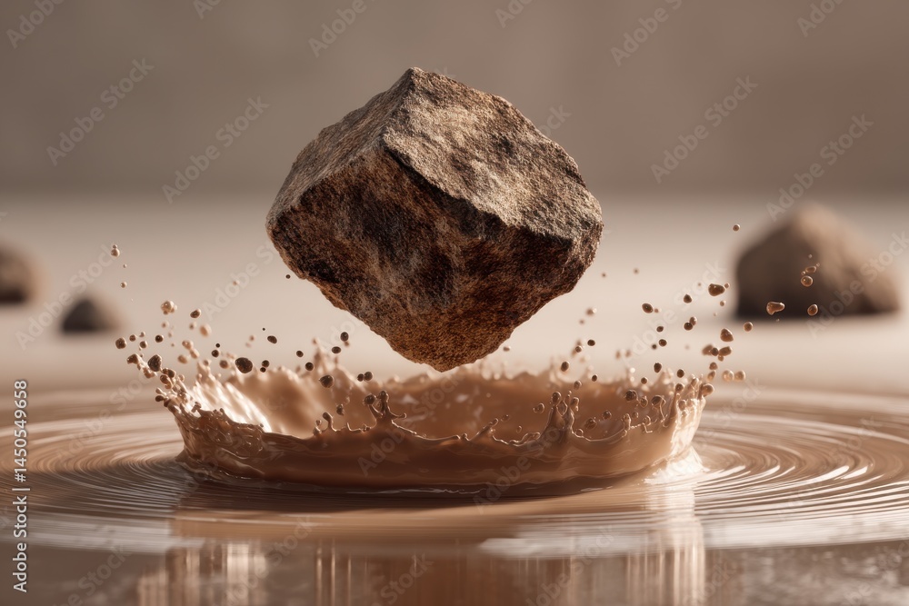 Poster a large rock falls into a pool of liquid, creating a splash with drops, showcasing liquid dynamics a