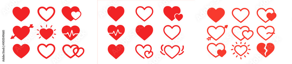 Poster red heart icons in line style depicting various emotions and feelings for digital design projects