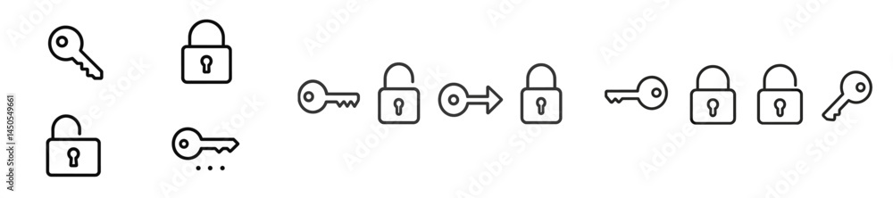 Fototapete Collection of line style web icons depicting keys and locks for digital security concepts and applications