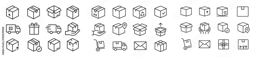 Poster Set of web icons representing various aspects of packaging, delivery, and handling in line style design