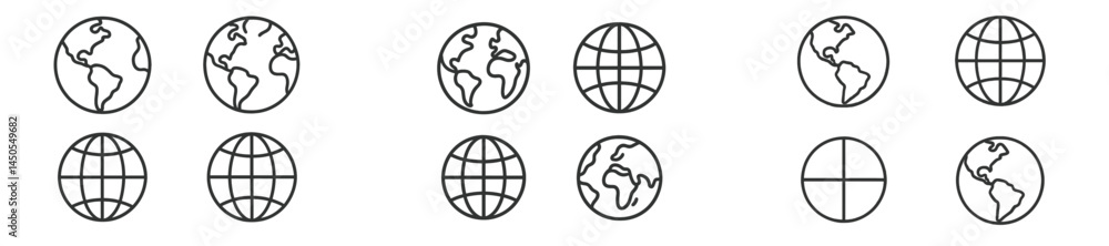 Poster Collection of web icons illustrating globe designs in line style suitable for digital projects and applications