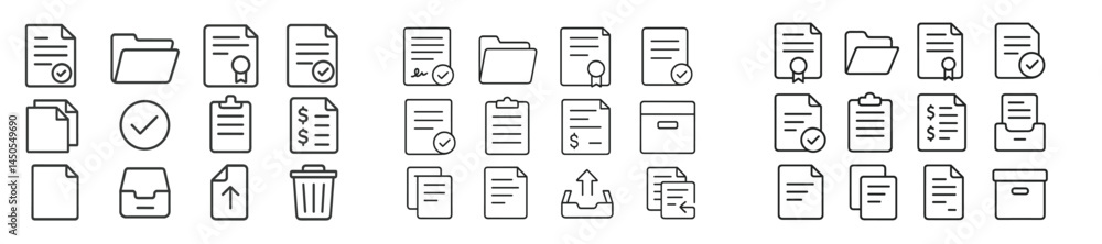 Poster Set of web icons designed in line style for various document management and file organization activities