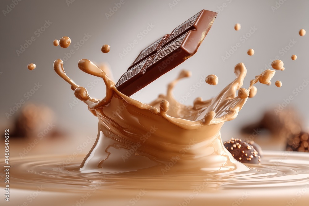 Poster a captivating close-up of a chocolate bar falling into a splash of chocolate, creating a dynamic and