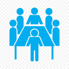 Meeting Icon in Blue Color. board meeting icon sign vector. Business teacher icon pointing at board with audience in silhouette style on Transparent Background. EPS 10.
