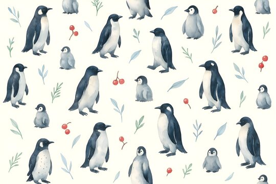 watercolor seamless pattern with penguins, red berries and green leaves, background winter decor, wrapping and fabric
