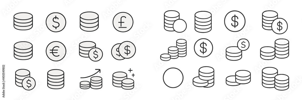 Leinwandbilder Collection of line style web icons featuring various currency coins and stacks of coins for digital applications and design