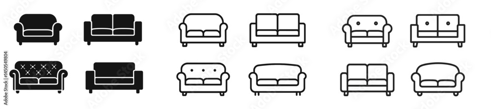 Poster collection of modern web icons showcasing various styles of sofas illustrated in line art