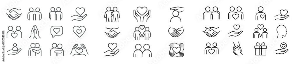 Poster set of web icons showcasing line style designs focused on relationships, support, and community enga