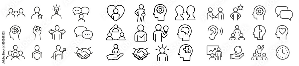 Poster Collection of web icons showcasing line style representations of various social and professional concepts for digital use