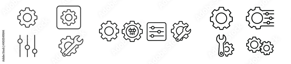 Poster Collection of web icons featuring gears, tools, and settings designed in a clean line style for digital use