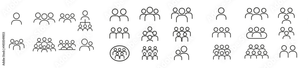 Poster Collection of web icons depicting various group formations and individual representations in line style for digital use