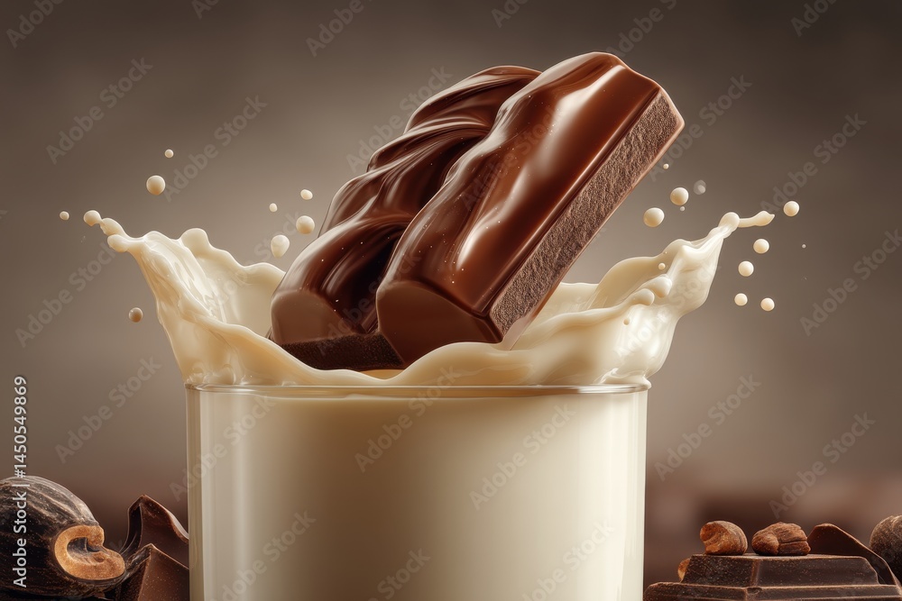 Poster a tempting composition featuring a chocolate bar splashing into a glass of milk, creating dynamic sp