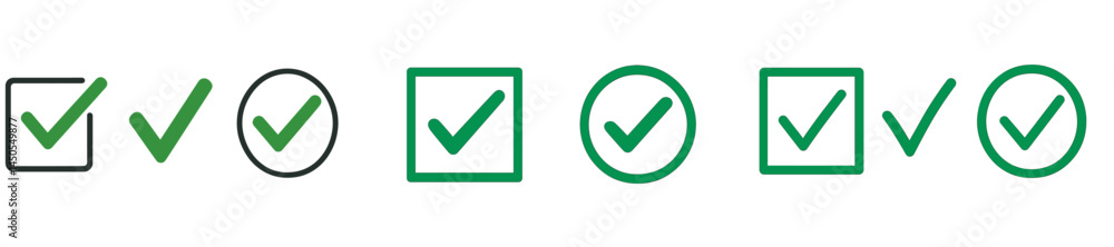 Poster Collection of line style web icons featuring check marks in various box designs for digital use