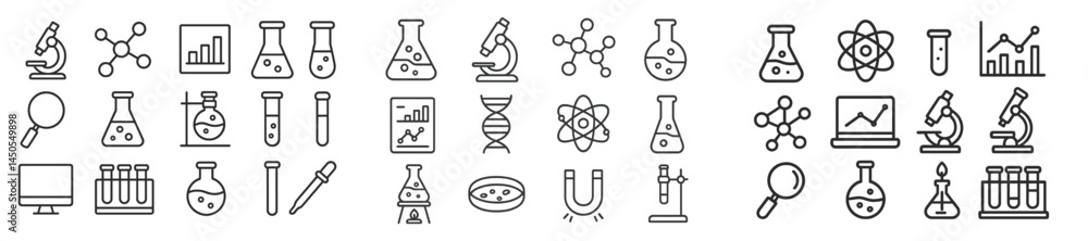 Poster Collection of line style web icons for scientific and analytical activities showcasing lab equipment and data analysis tools