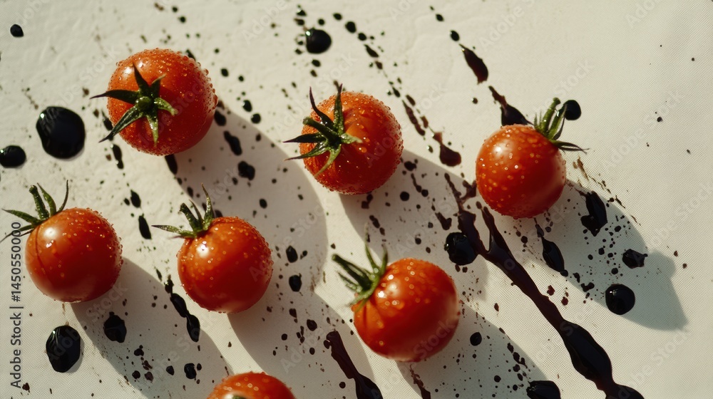 Aufkleber bright tomato splatters create an abstract art piece against a simple canvas background that capture