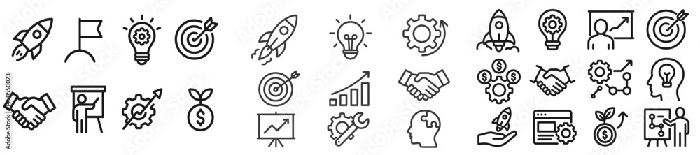 Poster Collection of line style web icons depicting business, innovation, and teamwork concepts for digital applications and services