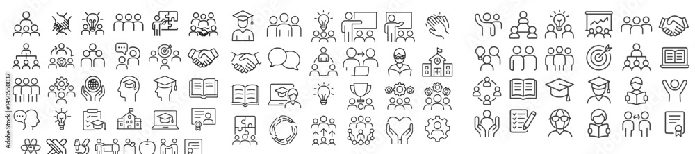 Poster Collection of line style web icons showcasing various human activities and interactions for digital design use