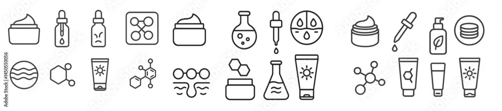 Poster Collection of web icons representing various cosmetic and skincare products in line style for digital design projects