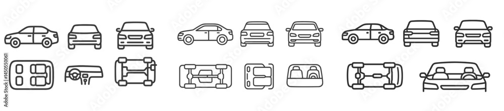 Poster Set of web icons showcasing various vehicle designs and components in a clean line style suitable for digital applications