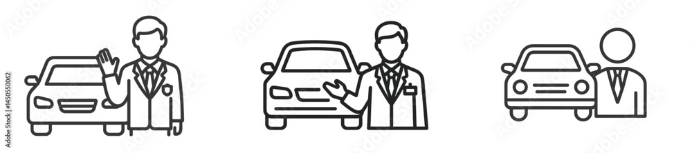 Aufkleber set of line style web icons featuring car sales representatives and vehicles for digital design purp