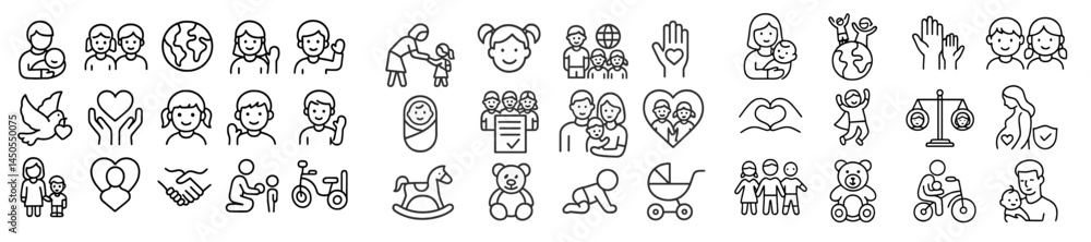 Poster Collection of web icons depicting various themes related to community, care, and connections designed in line art style