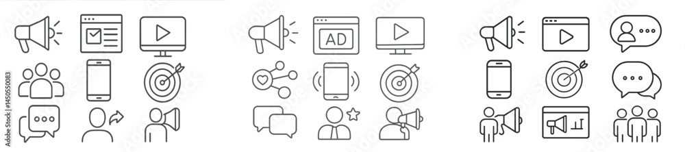 Poster Collection of web icons showcasing communication, multimedia, and social interaction in line art style for digital use