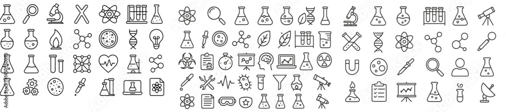 Poster Set of line style web icons illustrating various scientific concepts and tools for educational and digital use
