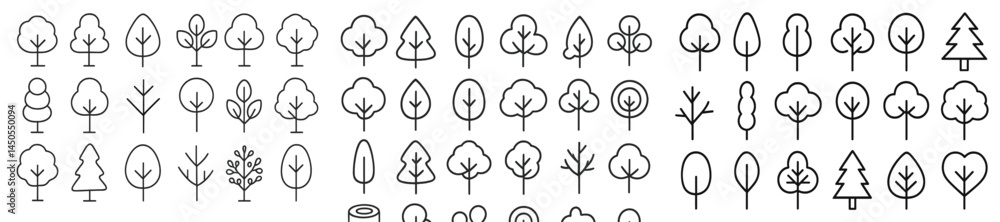 Aufkleber Collection of web icons featuring line drawings of various tree species, including different shapes and sizes for design use