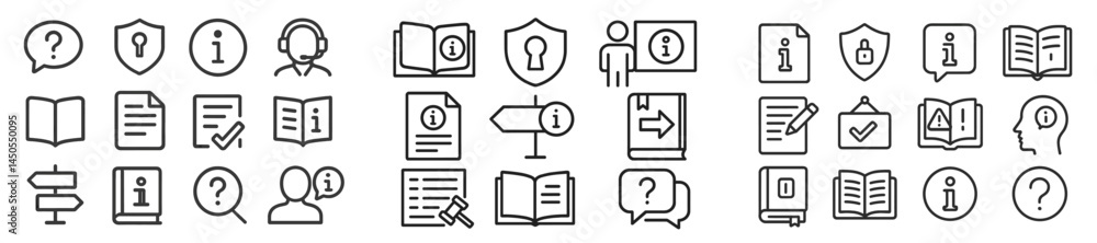 Poster Set of line style web icons for communication, information, security, and document management in a digital context