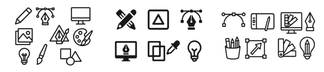 Obraz premium Set of line style web icons showcasing various design tools and creative elements for digital art and graphic design applications