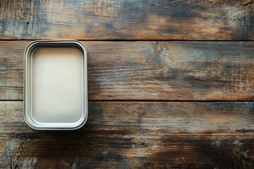 Empty lunch box on wooden table. Top view and minimal design