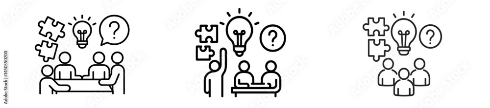 Poster Collection of web icons depicting brainstorming sessions and problem-solving activities in line art style