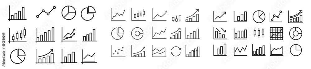 Poster Web icons featuring line style chart, analytics, and data representation suitable for various digital projects