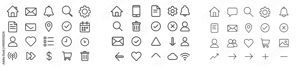 Fototapete Collection of minimalist web icons featuring various symbols for digital communication and organization in line style