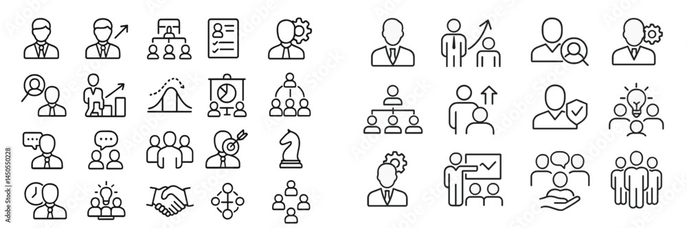 Poster Collection of line style web icons representing business, teamwork, and communication concepts for digital use
