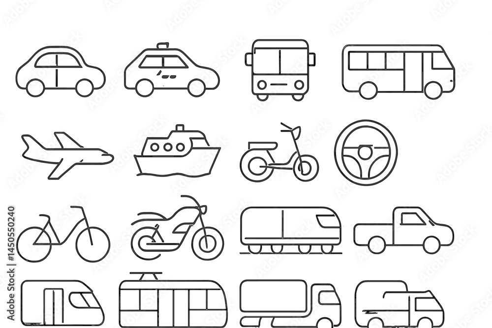 Poster Set of web icons featuring various vehicles in a line style design for user interface or design applications