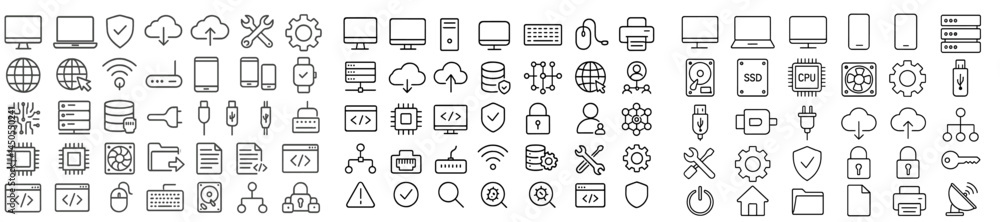 Fototapete Web icons in line style showcasing various technology and data-related concepts for digital design and development