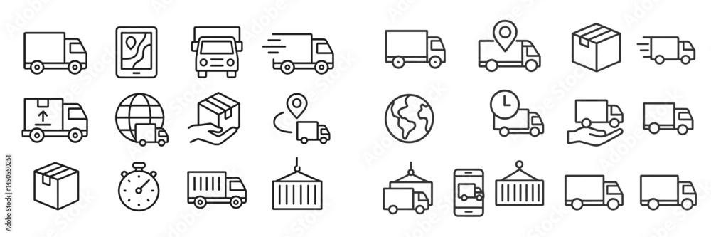 Poster collection of web icons in line style focused on transportation and logistics activities