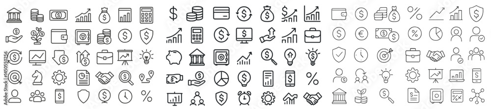 Poster Collection of line style web icons depicting various finance and business themes for digital use
