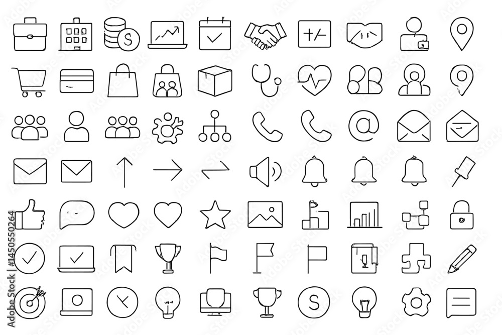 Poster collection of web icons featuring various symbols for business, communication, and technology in min