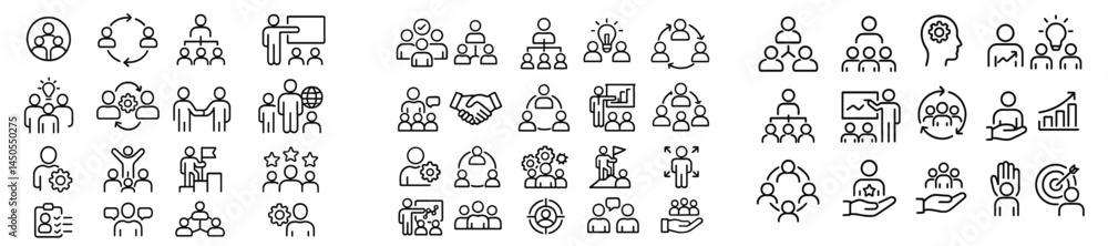 Poster Set of line style web icons showcasing community, collaboration, and communication concepts for digital applications