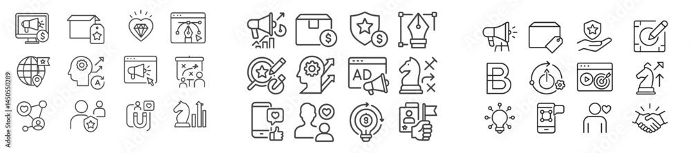 Poster Collection of web icons designed in line style representing various online activities, data, and communication tools