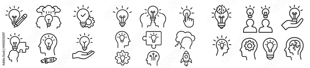 Poster Set of line style web icons representing creativity concepts and ideas for digital communication and design
