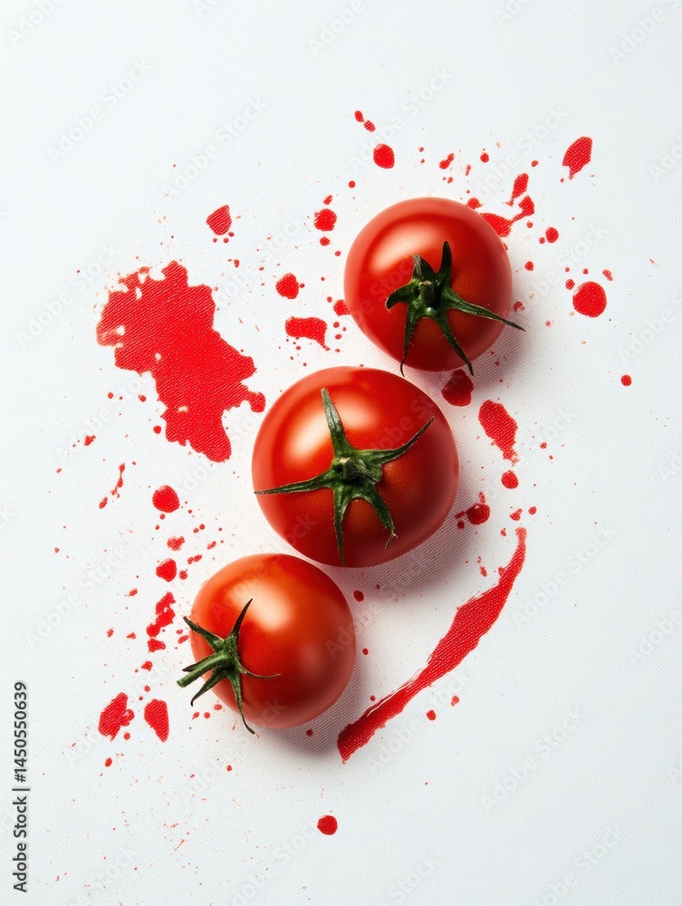 Poster splatters of ripe tomatoes create an elegant chaotic composition on a simple background showcasing v