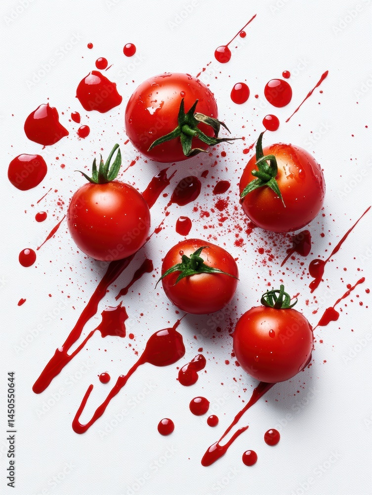 Aufkleber vibrant tomato splatters create an abstract composition on a clean canvas showcasing elegant chaos i
