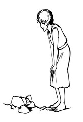 Vector illustration. Boy bowing to look at stones