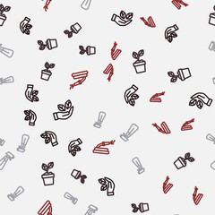 Set line Leaf in hand, Plant pot, Garden sprayer for water and hose on seamless pattern. Vector