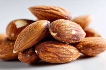 Close-up studio shot captures the texture of almonds, showcasing healthy food and snack options for a balanced diet, emphasizing natural ingredients and nutritious benefits.